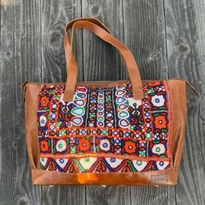 FabIndia Embroidered Leather Tote bag